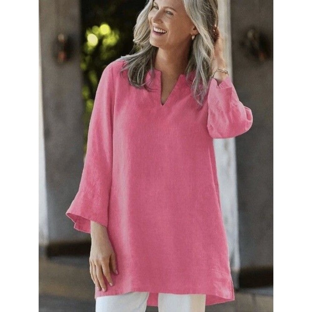 Lands End Bright Pink Linen Blend Notch Neck 3/4 Sleeve Tunic Shirt  X-LARGE